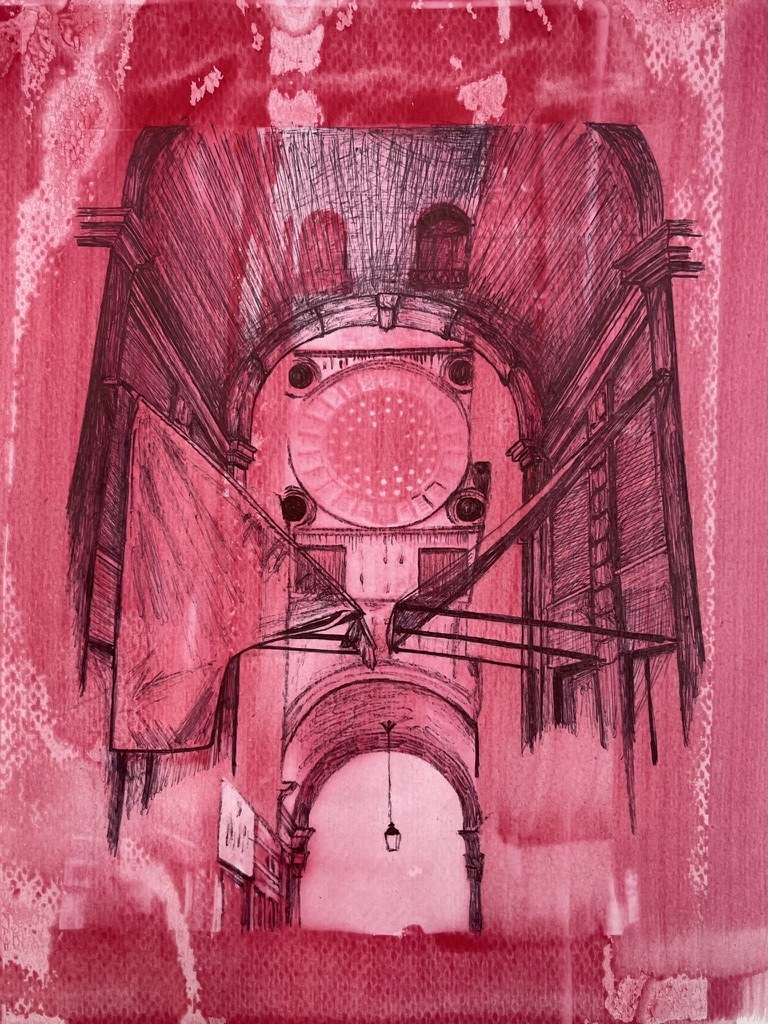 Vaulted interior drawn in ink over red paint