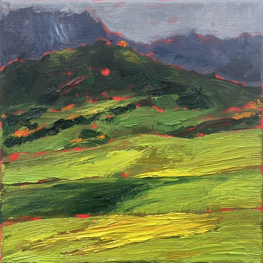 Green hills beneath mountains