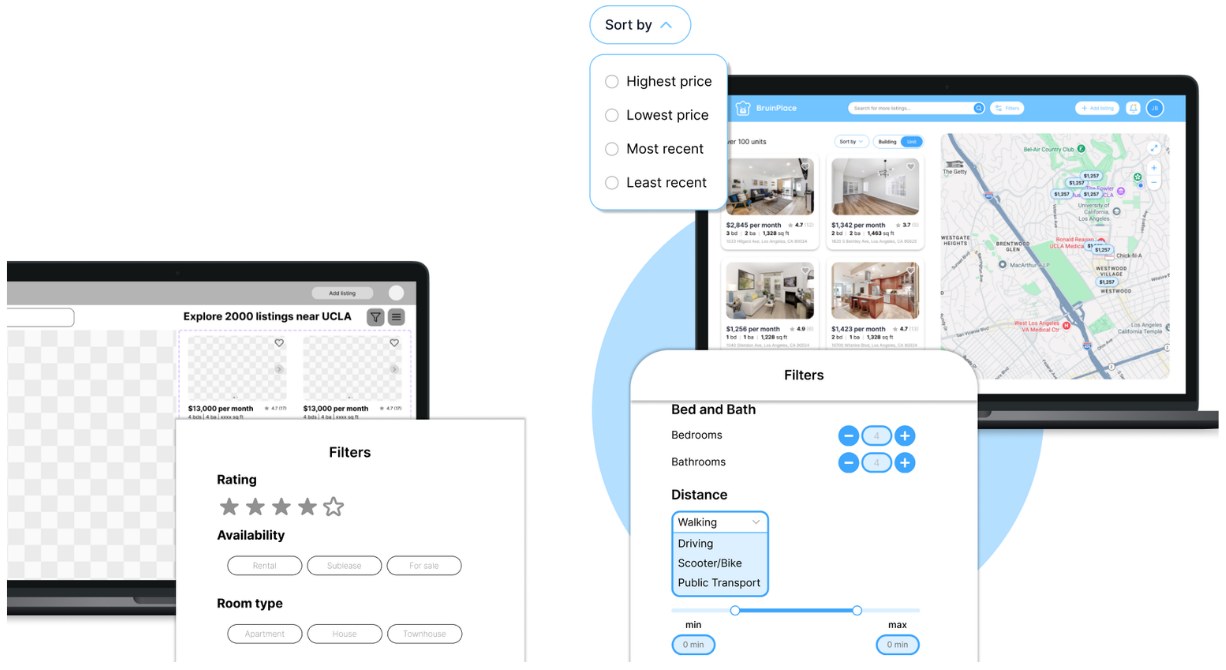 Browse screens: sort menu, split screen listings and map, and filter panels