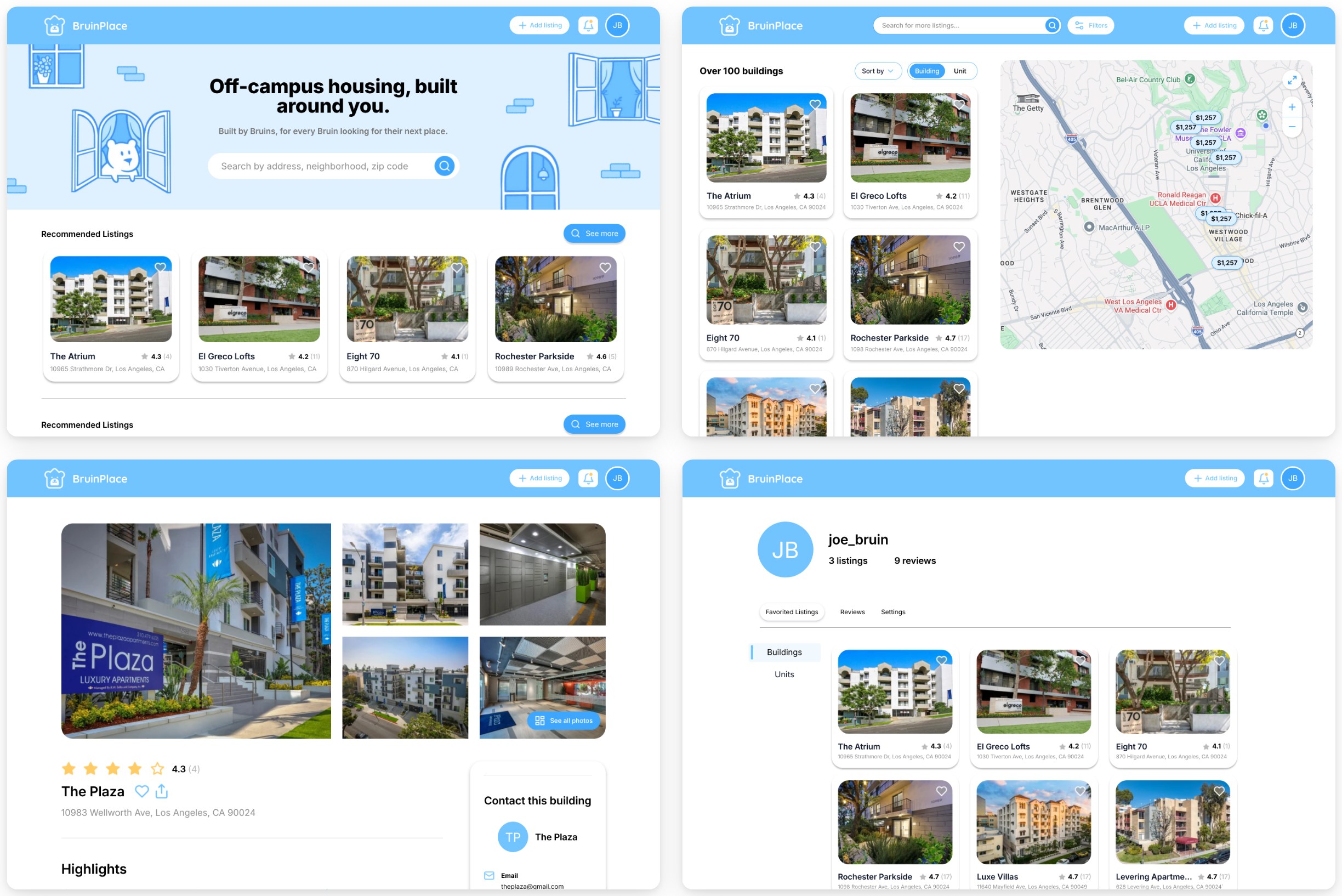BruinPlace home, map search, listing detail and profile screens