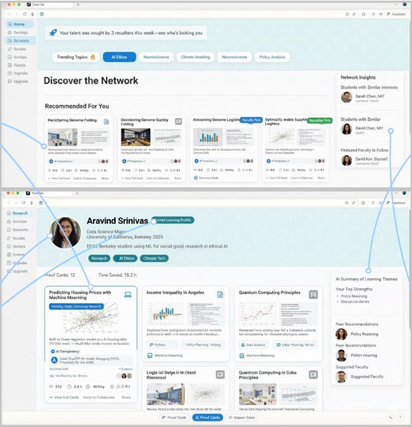 Comet network feed and a student profile with proof cards