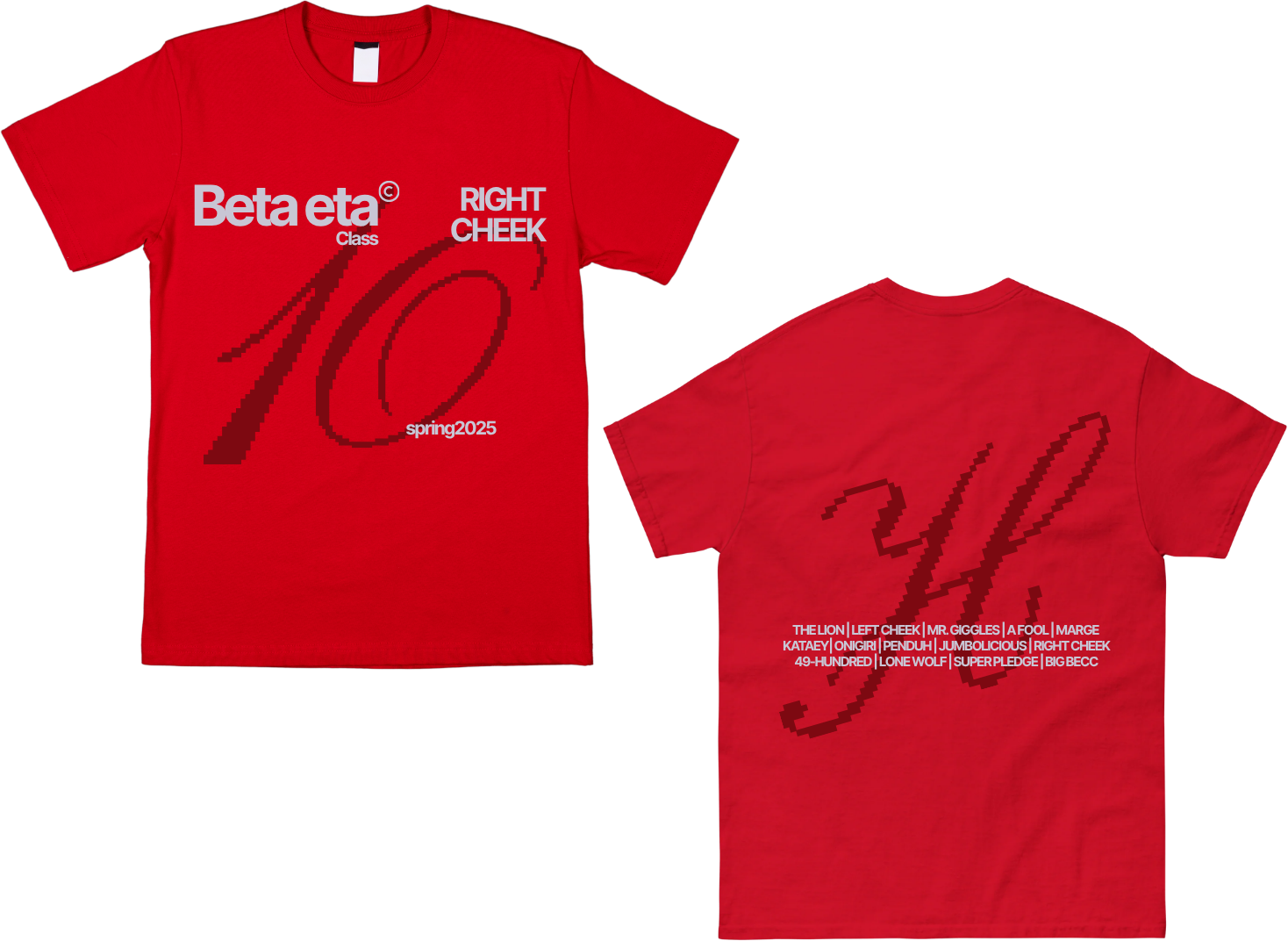Red Beta Eta class tee, front and back
