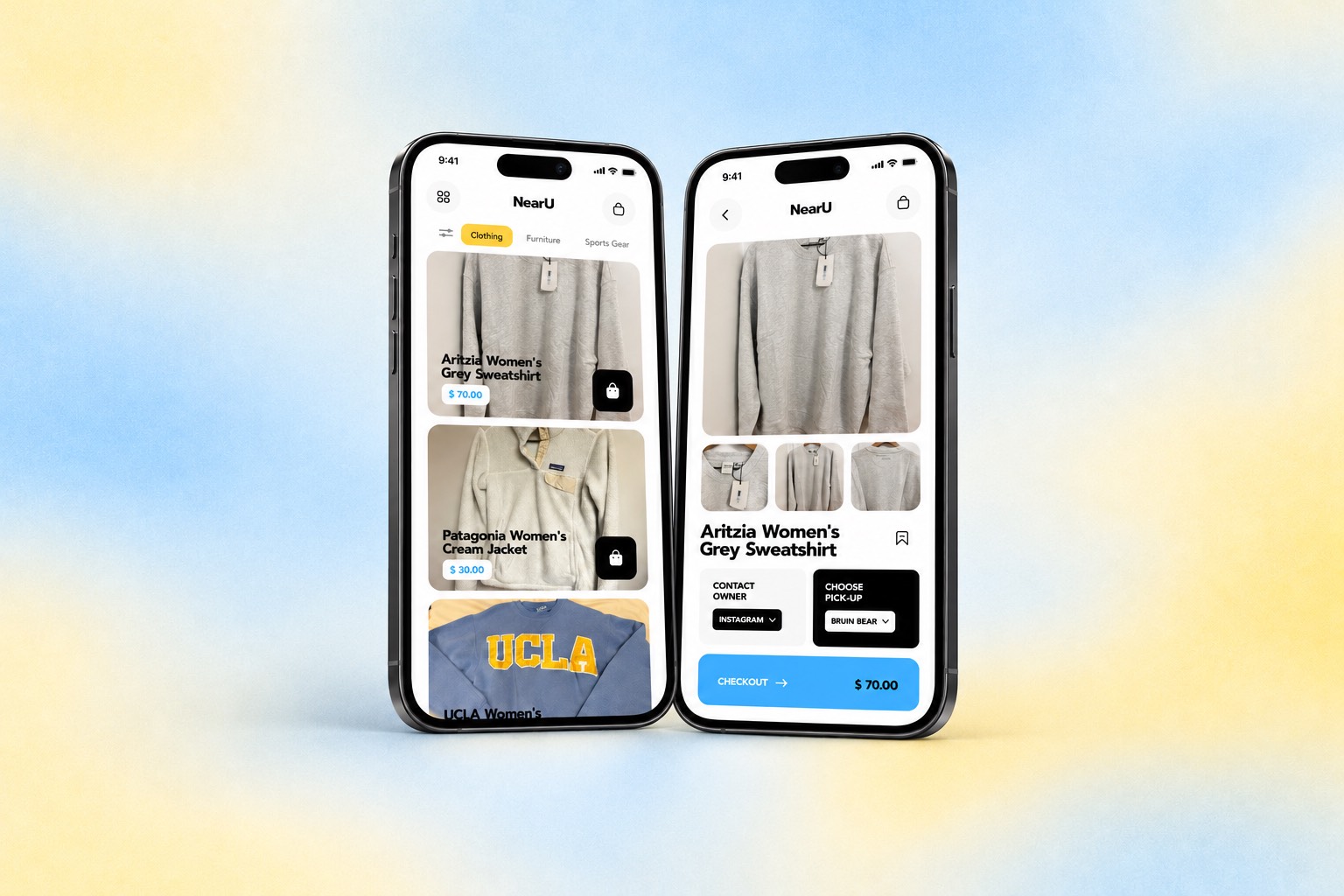 NearU on two iPhones — clothing listings and an item page with pick-up and checkout