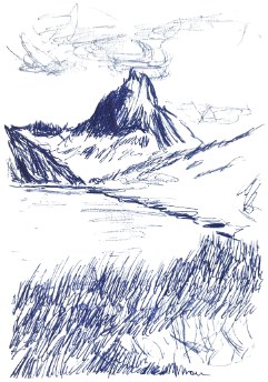 Ball-point sketch of a mountain lake