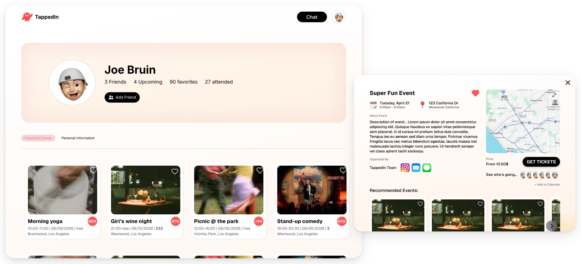 User profile and event detail with friends attending